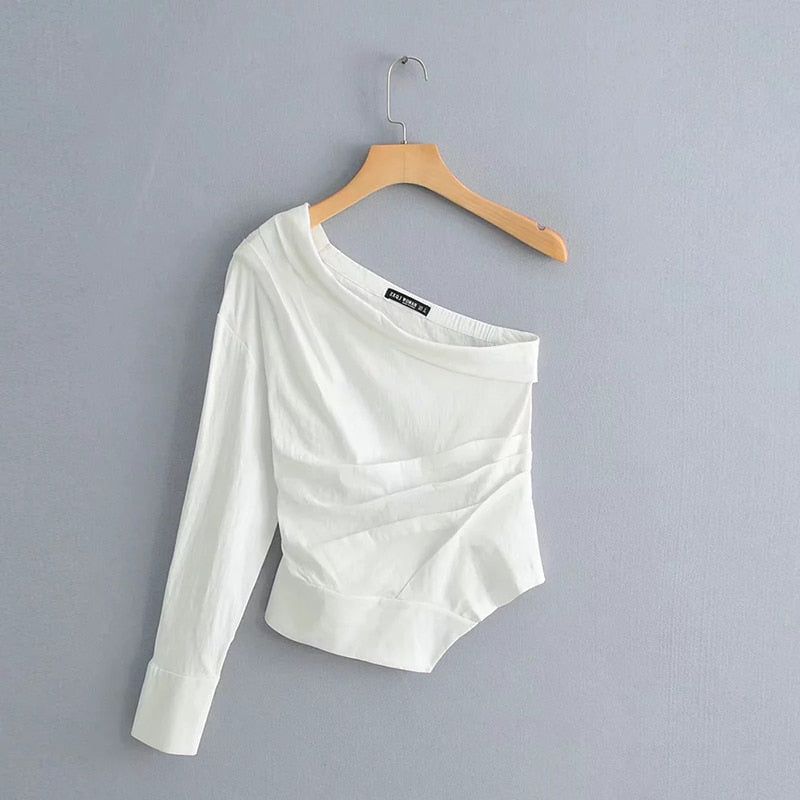 Women White Fashion One Shoulder Cotton Linen Za Shirts 2019 Chic Female Long Sleeve Summer Casual pleated Irregular Tops Femme