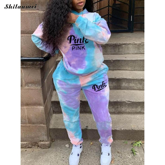 Tie Dye Two Piece Sets Women 3XL Tracksuits Suits Pink Letter Print Casual Sporty Hoody Outfits 2022 Spring Fashion Sweatsuits