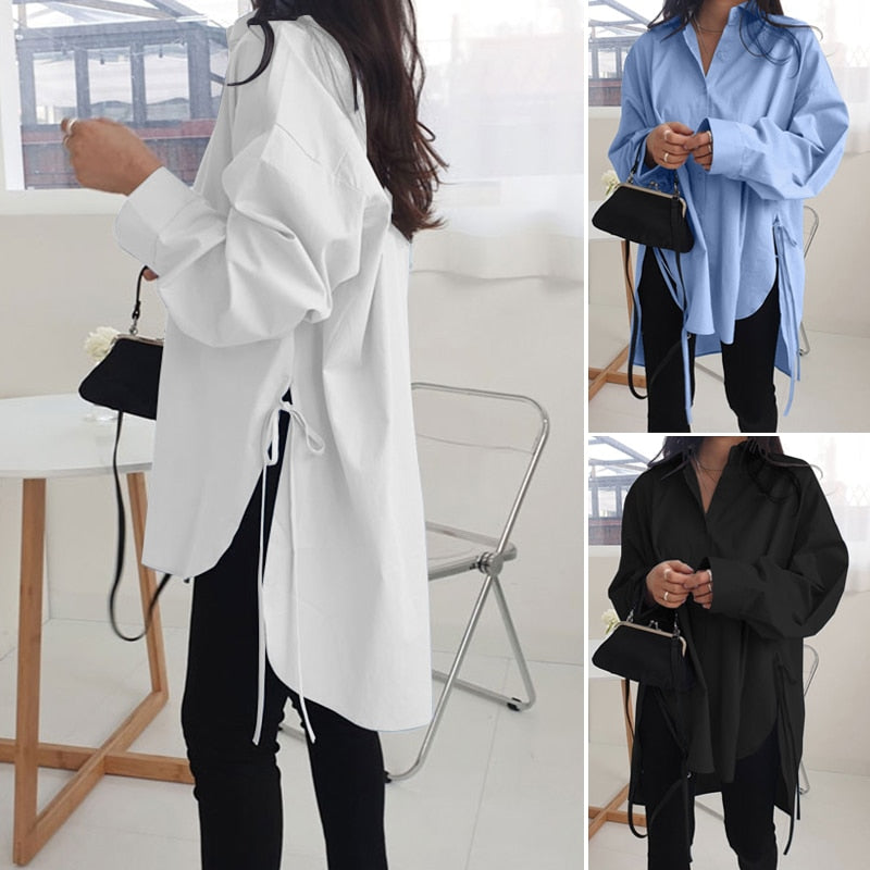 Stylish Solid Shirts Women's Asymmetrical Blouse 2022 ZANZEA Casual Lace Up Blusas Female Button Lapel Shirt Oversized Tunic