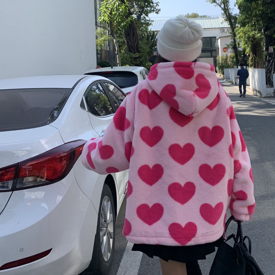 Heart-shaped Print Plush Jacket