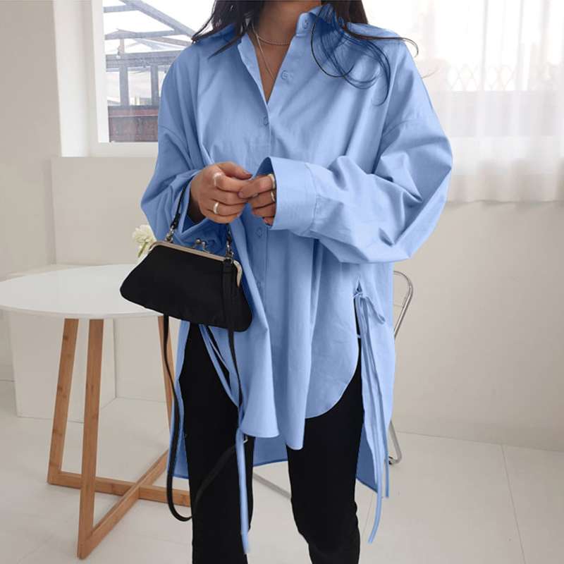 Stylish Solid Shirts Women's Asymmetrical Blouse 2022 ZANZEA Casual Lace Up Blusas Female Button Lapel Shirt Oversized Tunic