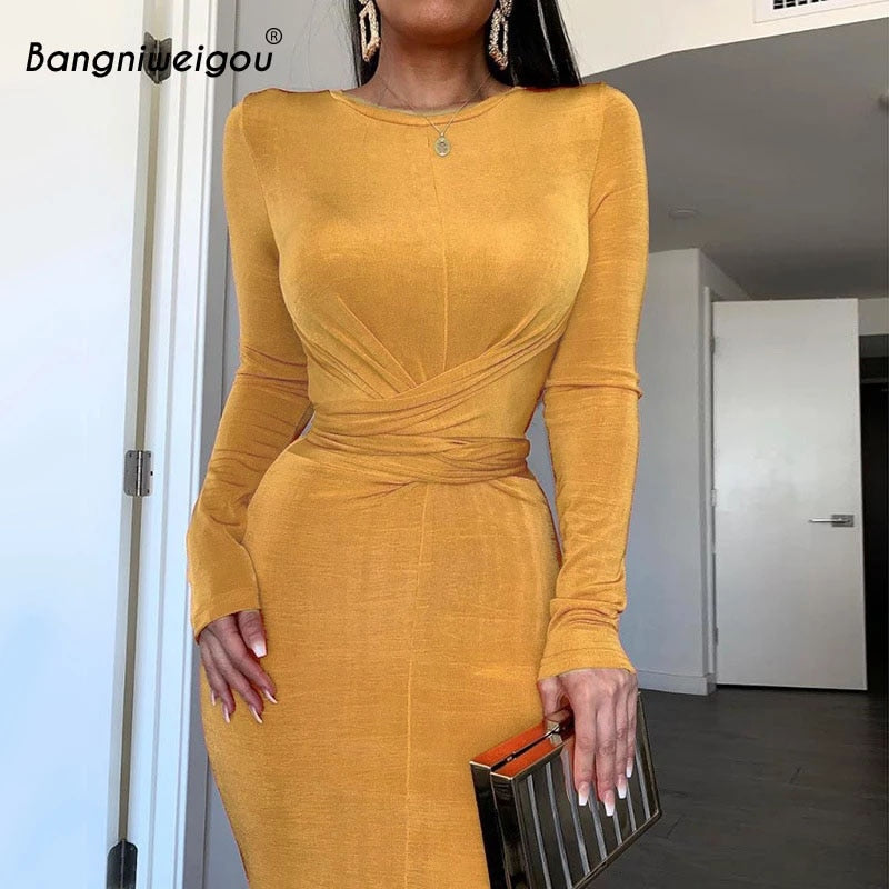 Ruched Waist Wrap Midi Dress Women Elegant Long Sleeve Bodycon Party