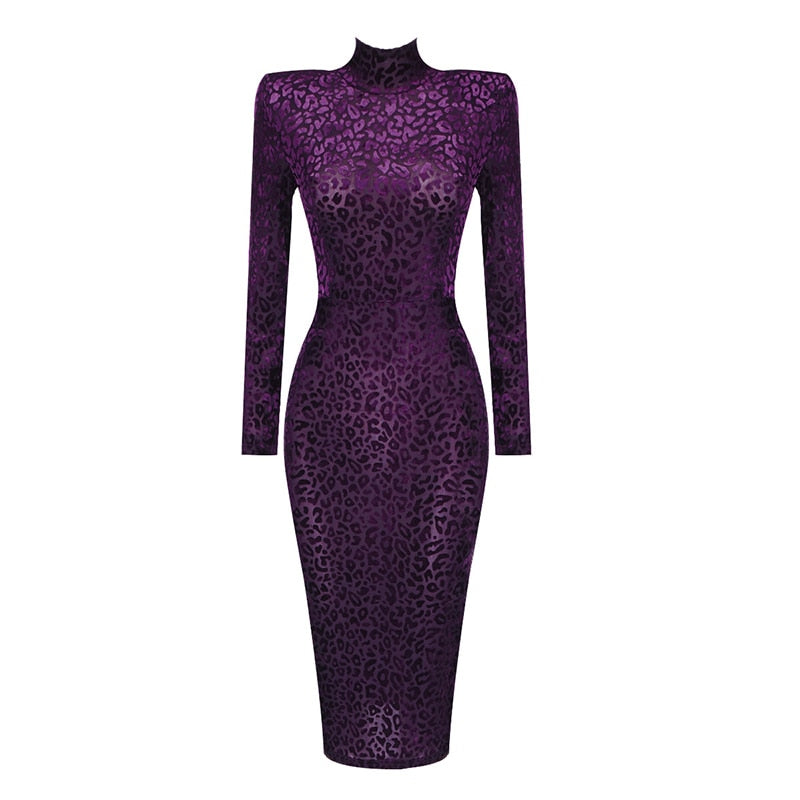 VC 2021 New Arrival Purple Suede Leopard High Neck Long Sleeve Medium Length Dress All Free Shipping