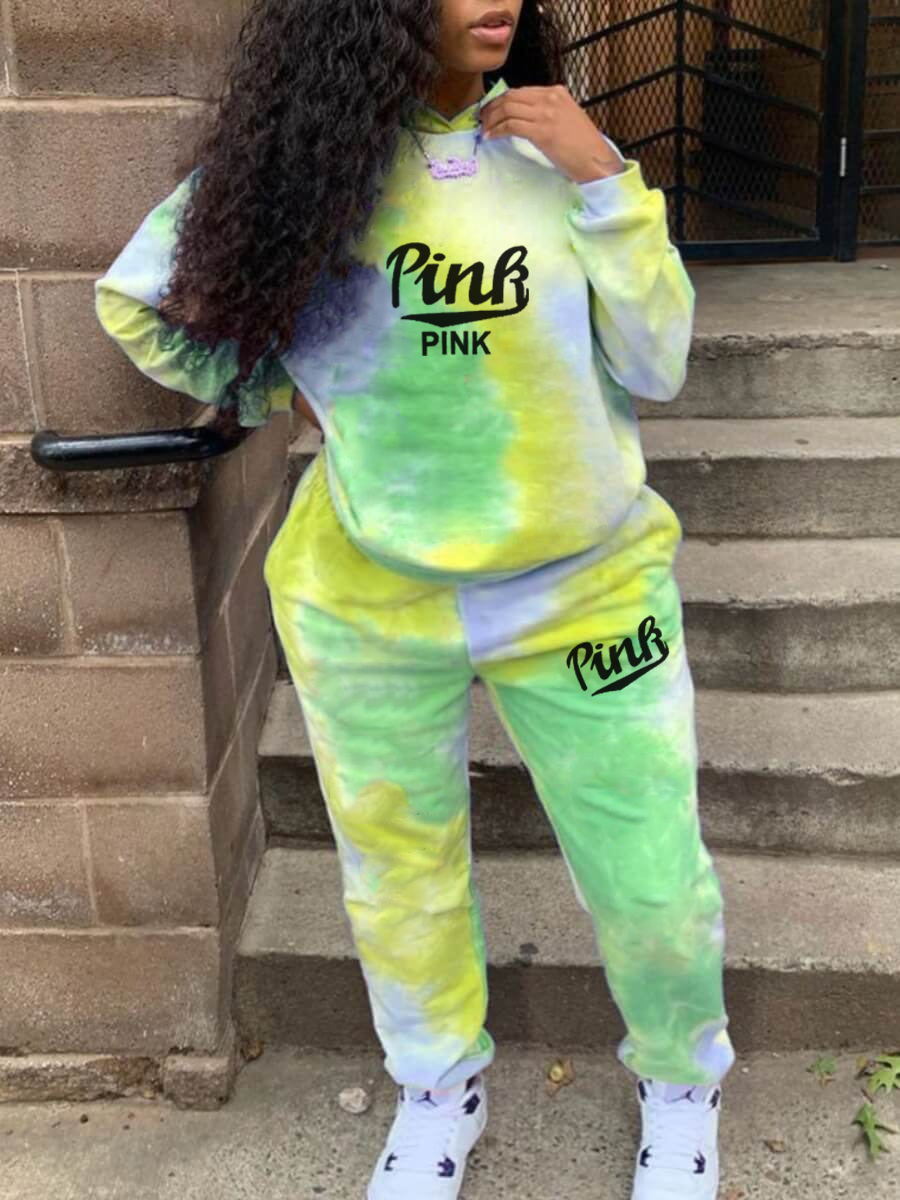 Tie Dye Two Piece Sets Women 3XL Tracksuits Suits Pink Letter Print Casual Sporty Hoody Outfits 2022 Spring Fashion Sweatsuits