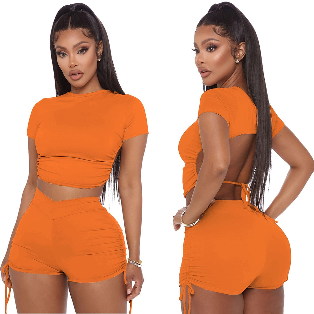 Women Summer Solid Open Back Crop Top Stacked Shorts Jogger Pnats Suit Two Piece Set Sport Matching Set Outfit Fitness Tracksuit