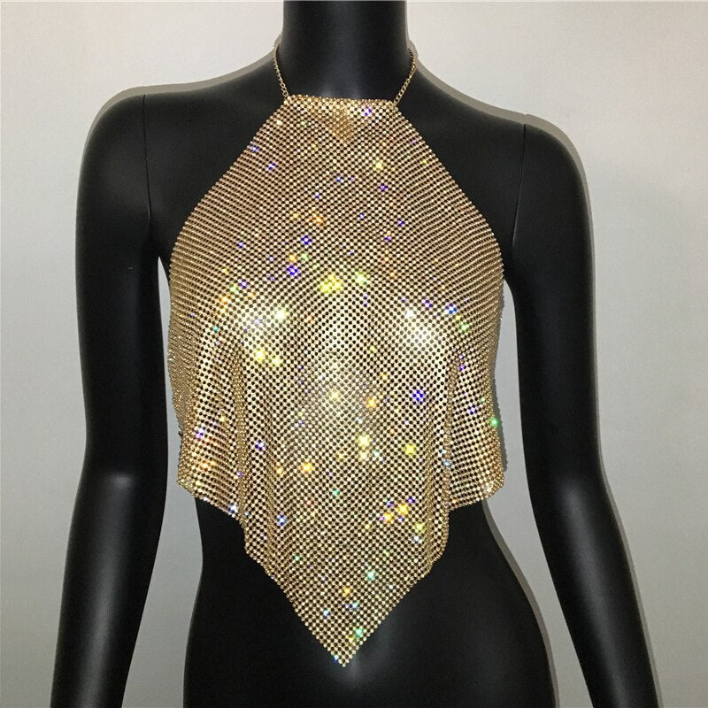 Women Luxury Handmade Rhinestones Camis Backless Metal Chain Nightclub Tops Gold Diamond Tank Tops