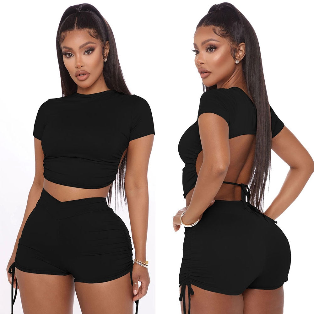 Women Summer Solid Open Back Crop Top Stacked Shorts Jogger Pnats Suit Two Piece Set Sport Matching Set Outfit Fitness Tracksuit