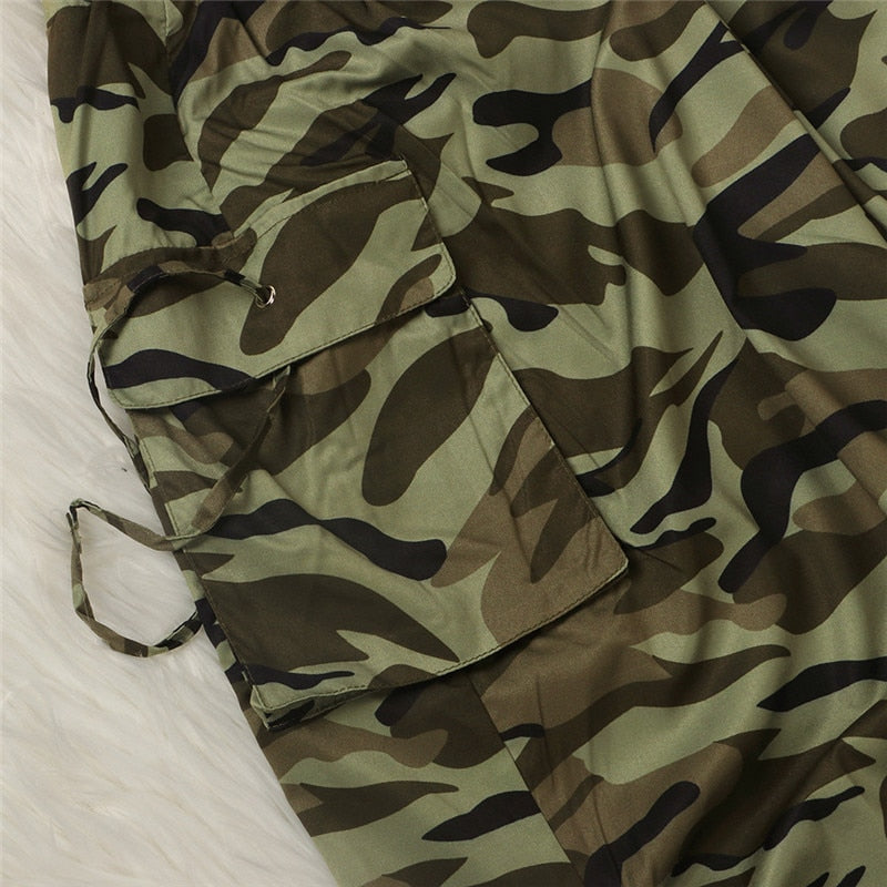 Camouflage Newspaper Print Draw String Ruched Long Skirt