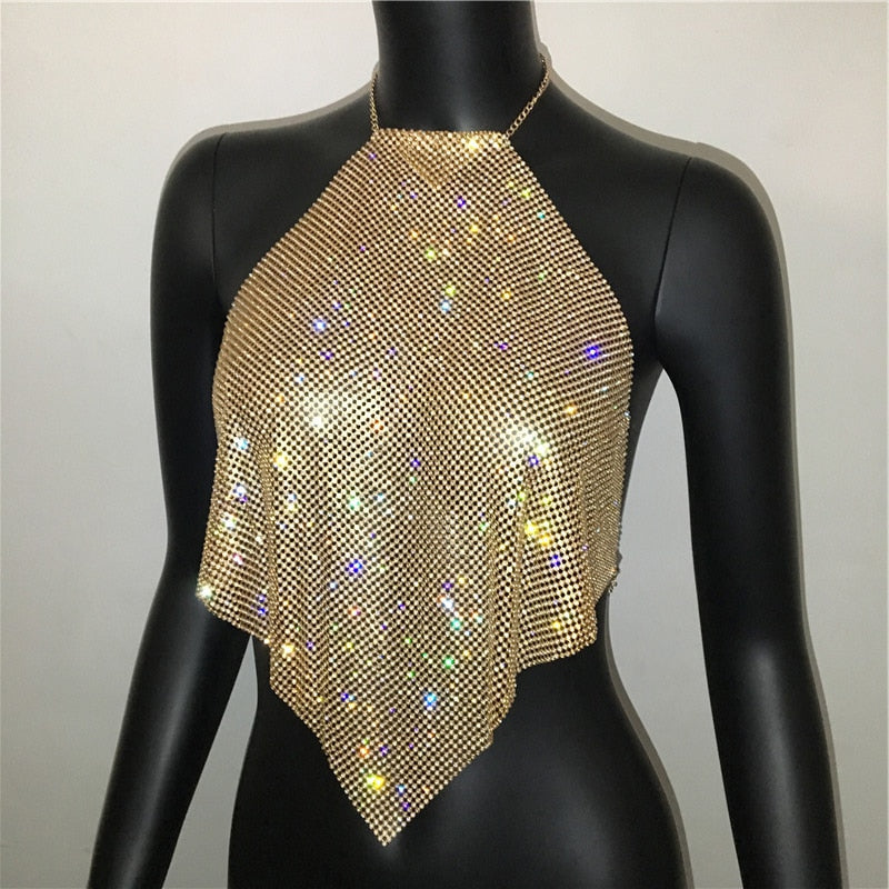 Women Luxury Handmade Rhinestones Camis Backless Metal Chain Nightclub Tops Gold Diamond Tank Tops