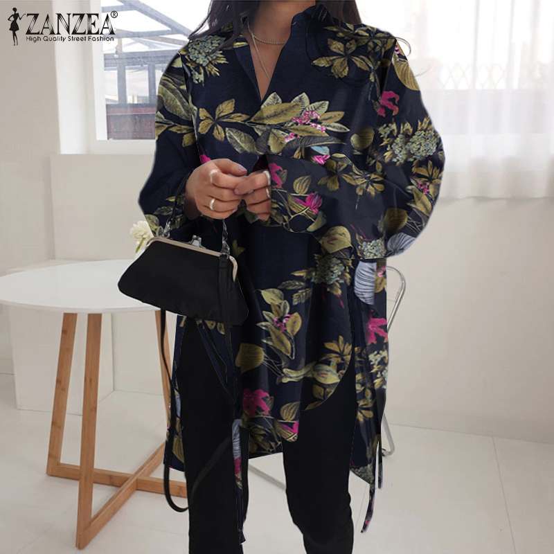 Stylish Solid Shirts Women's Asymmetrical Blouse 2022 ZANZEA Casual Lace Up Blusas Female Button Lapel Shirt Oversized Tunic