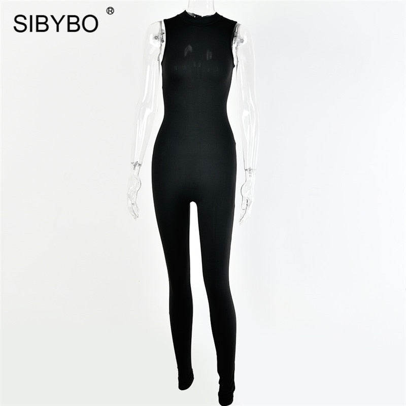 Sibybo Black Sleeveless Summer Jumpsuit Rompers Womens 2022 Zipper Activewear Slim Jumpsuit Femme Fitness Sport Casual Overalls