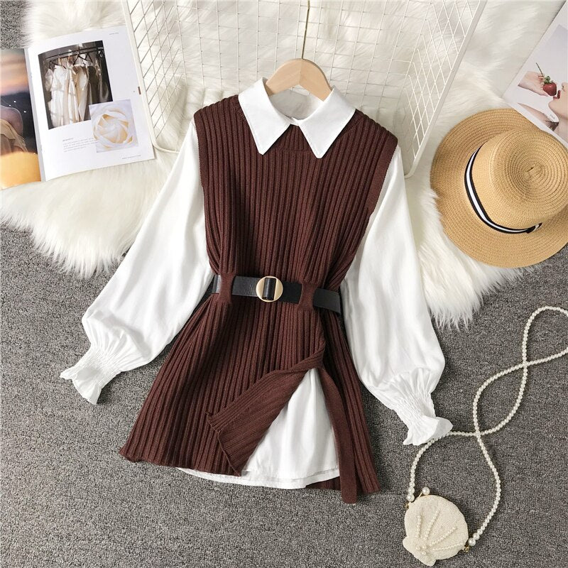 Spring Autumn Women's Lantern Sleeve Shirt Knitted Vest Two Piece Sets of College Style Waistband Vest Two Sets Top UK900