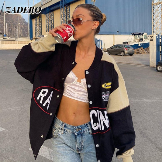 Varsity Jackets Women 2021 Autumn Winter Fashion Oversized Long Sleeve Bomber Loose Black Baseball Vintage Y2K Coat