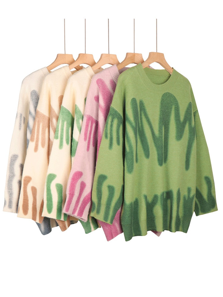 Print Knitted Striped Oversized Pullovers