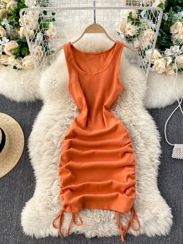 Foamlina Casual Summer Women Dress Solid O-neck Sleeveless Drawstring Ruched Mini Bodycon Dress Casual Streetwear Rib Knit Dress