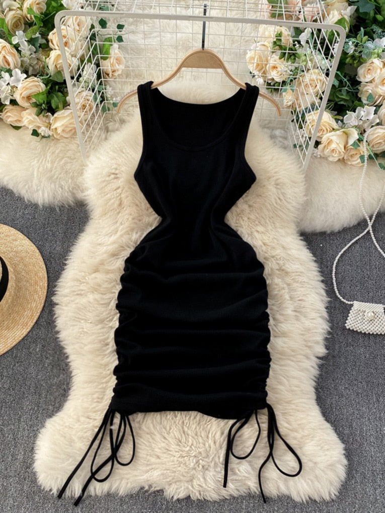 Foamlina Casual Summer Women Dress Solid O-neck Sleeveless Drawstring Ruched Mini Bodycon Dress Casual Streetwear Rib Knit Dress