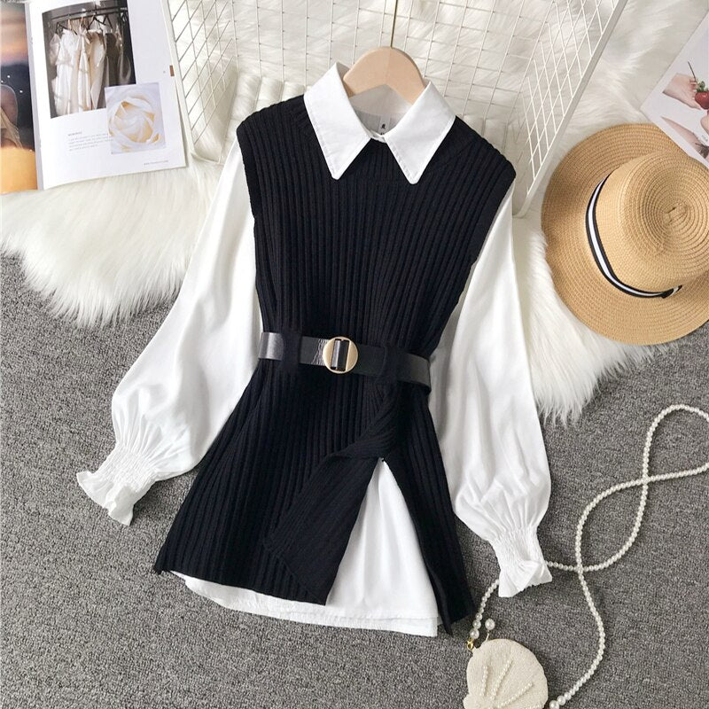 Spring Autumn Women's Lantern Sleeve Shirt Knitted Vest Two Piece Sets of College Style Waistband Vest Two Sets Top UK900