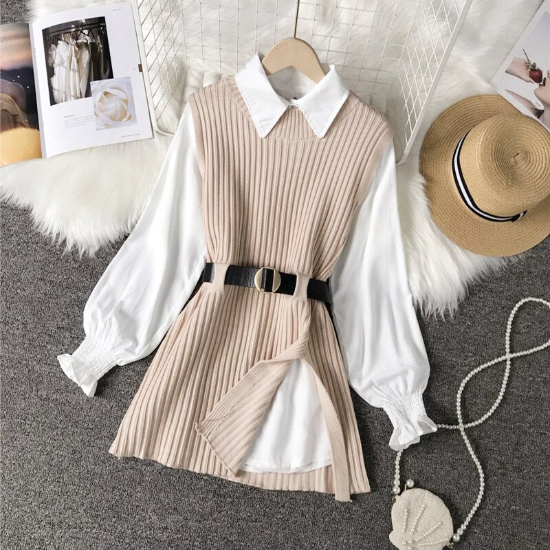 Spring Autumn Women's Lantern Sleeve Shirt Knitted Vest Two Piece Sets of College Style Waistband Vest Two Sets Top UK900