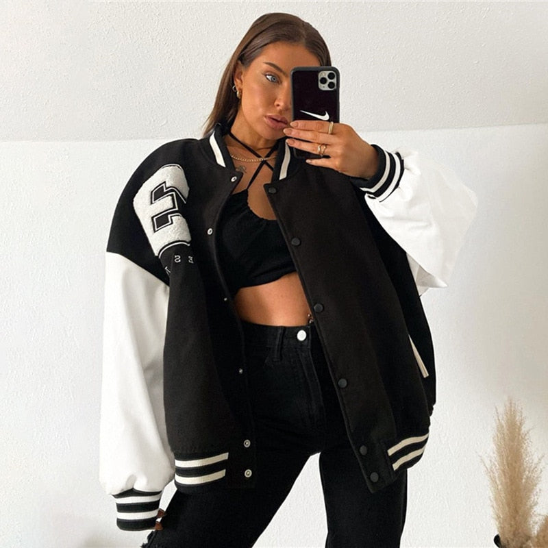 Varsity Jackets Women 2021 Autumn Winter Fashion Oversized Long Sleeve Bomber Loose Black Baseball Vintage Y2K Coat