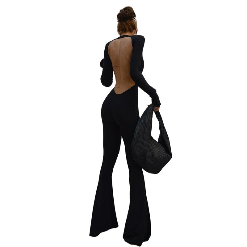 Women Black Stretchy Bodycon Jumpsuits Sexy Backless O Neck Slim Flare Pants One Piece Rompers 2022 Casual Night Prom Overalls