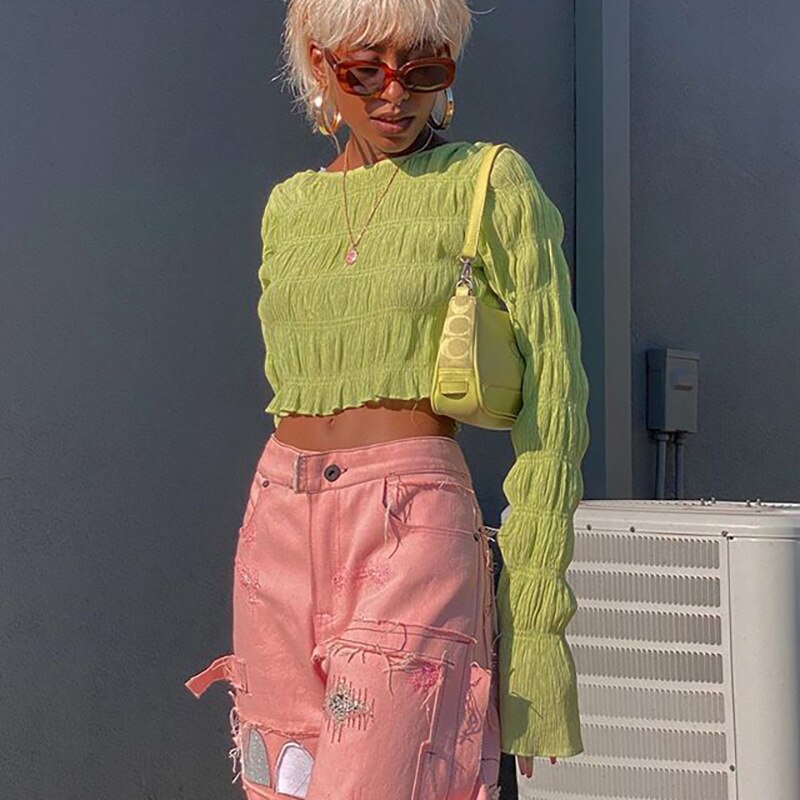 Pleated Round Neck Long-sleeved Crop Top