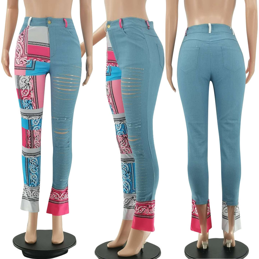 Bandana Print Women Jeans Distressed Skinny Flare Denim Pants