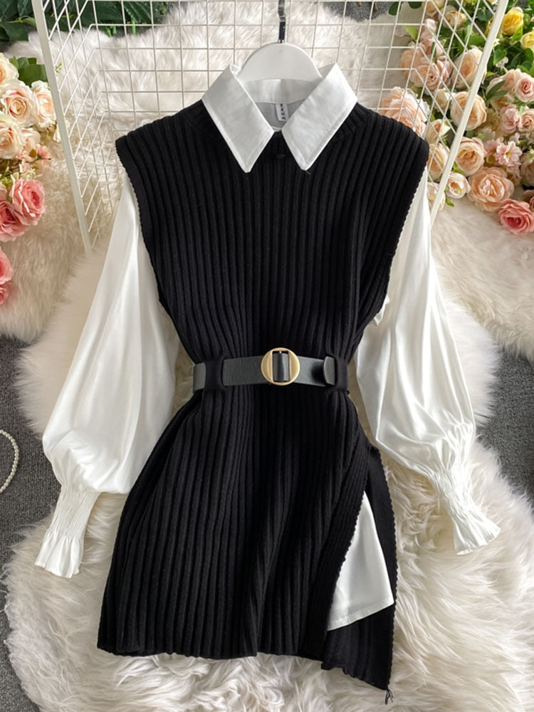 Spring Autumn Women's Lantern Sleeve Shirt Knitted Vest Two Piece Sets of College Style Waistband Vest Two Sets Top UK900