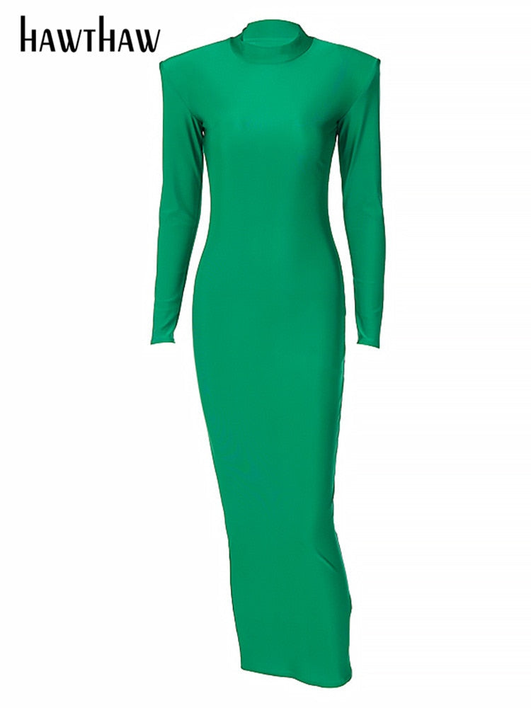 Hawthaw Shoulder Padded Long Sleeve Bodycon Green Party Club Maxi Long Dress 2022 Spring Autumn Women Fashion Elegant  Clothes