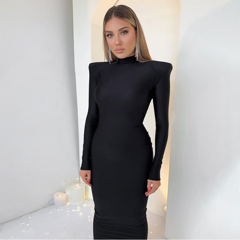 Hawthaw Shoulder Padded Long Sleeve Bodycon Green Party Club Maxi Long Dress 2022 Spring Autumn Women Fashion Elegant  Clothes