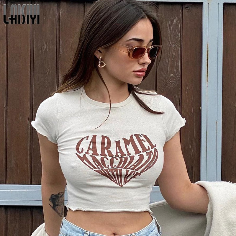 Cute Cartoon Prited T-Shirts Funny Devil Child Print Crop Top 90s Girls Tee Shirt Summer Khaki Short Sleeve Tees Streetwear 2022