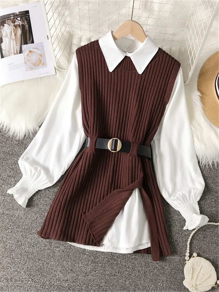 Spring Autumn Women's Lantern Sleeve Shirt Knitted Vest Two Piece Sets of College Style Waistband Vest Two Sets Top UK900