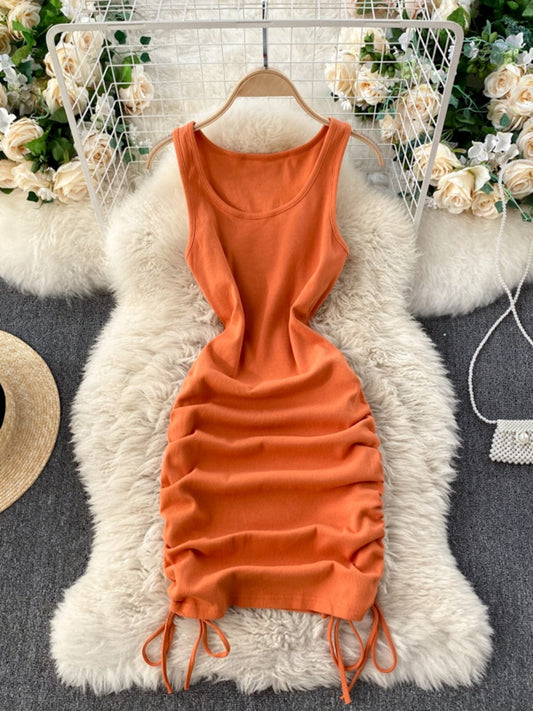 Foamlina Casual Summer Women Dress Solid O-neck Sleeveless Drawstring Ruched Mini Bodycon Dress Casual Streetwear Rib Knit Dress