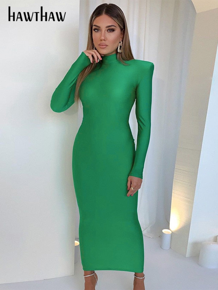 Hawthaw Shoulder Padded Long Sleeve Bodycon Green Party Club Maxi Long Dress 2022 Spring Autumn Women Fashion Elegant  Clothes