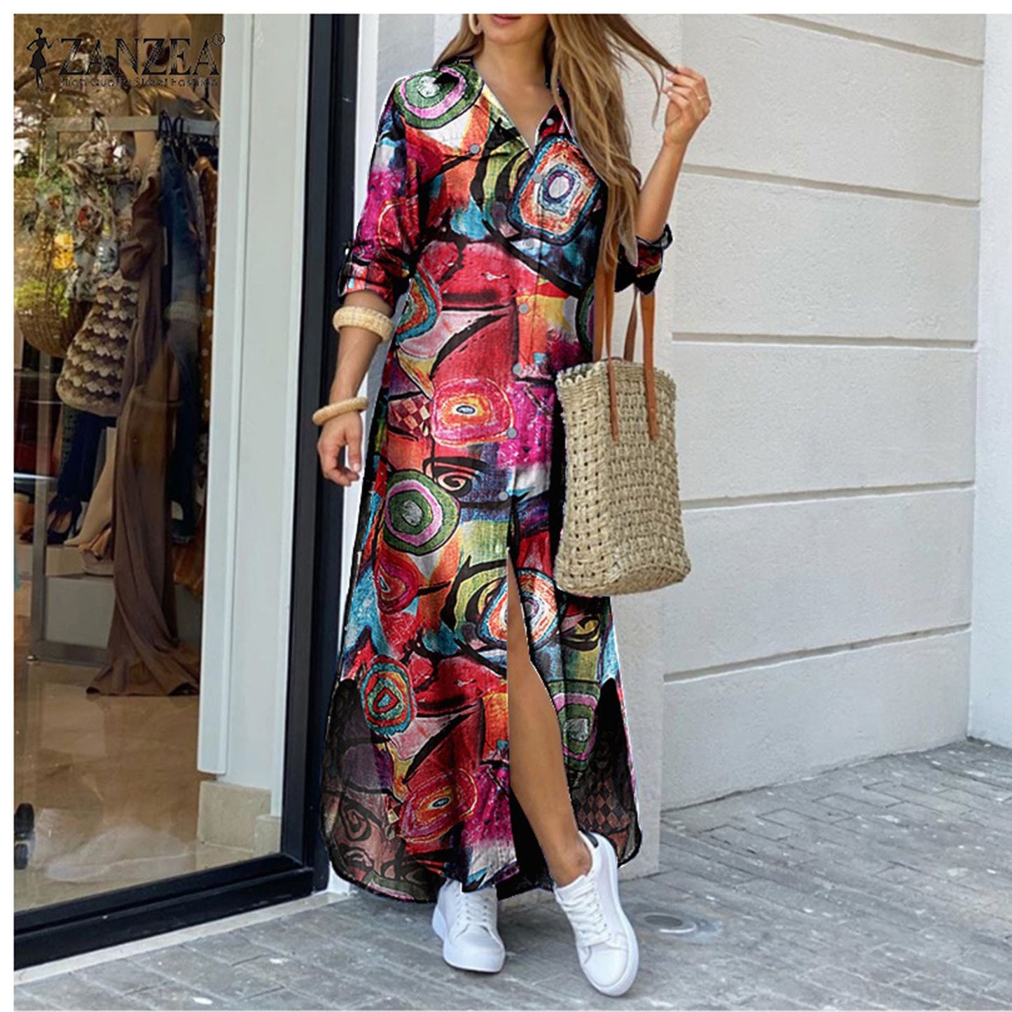 Women Stripe print Long Shirt Dress Fashion Boho Beach Button Big Maxi Dress 2023 New Letter Oversized Robe vestidos para mujer