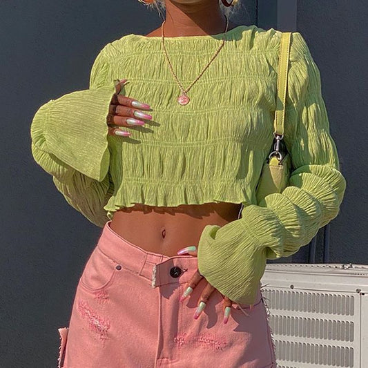 Pleated Round Neck Long-sleeved Crop Top