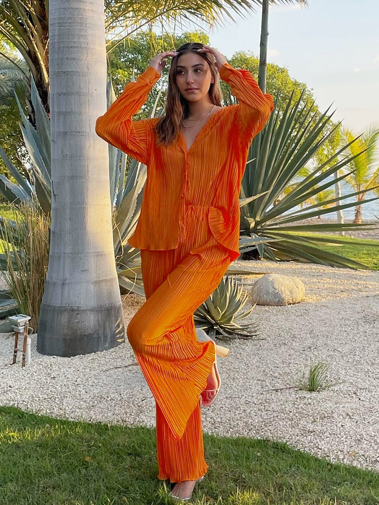 Pleated 2 Piece Women Wide Leg Suits