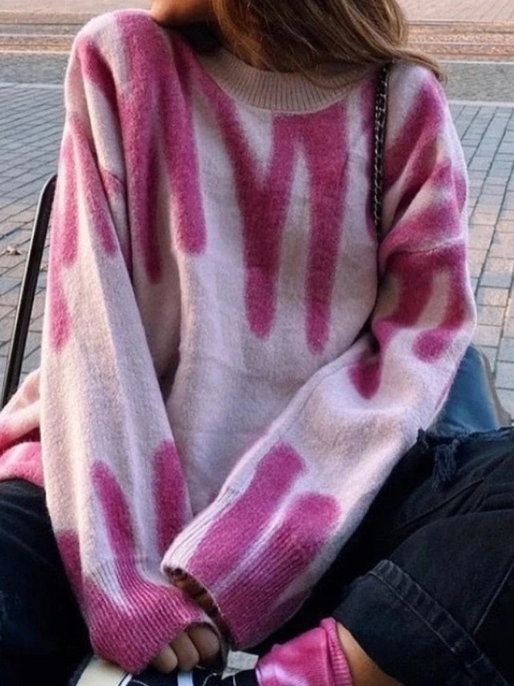 Print Knitted Striped Oversized Pullovers