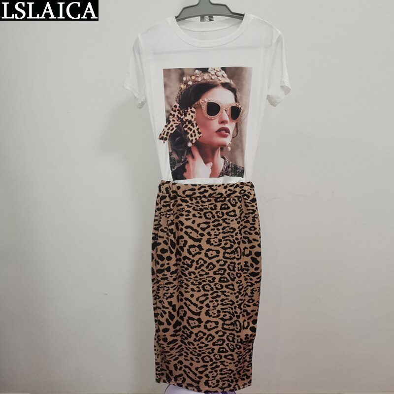 Two Peice Set For Women Casual O-Neck T Shirt&amp; Skirt Set Fashion Leopard Print Office Women Set Elegance Skinny Ropa Femenina