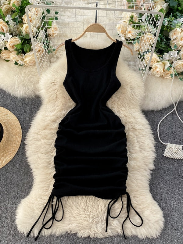 Foamlina Casual Summer Women Dress Solid O-neck Sleeveless Drawstring Ruched Mini Bodycon Dress Casual Streetwear Rib Knit Dress