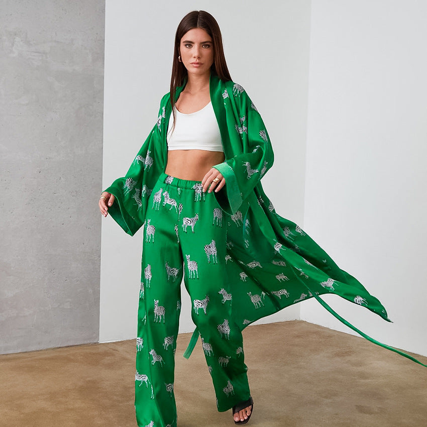 Autumn Print Long-sleeved Long Nightgown Trousers